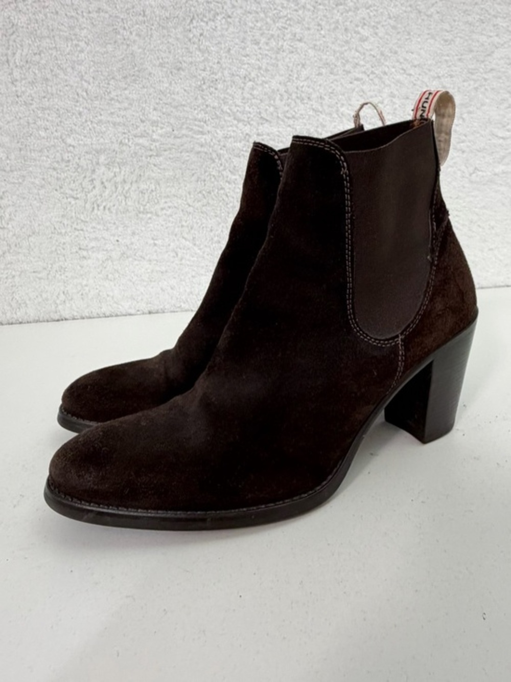 Hunter Chelsea Brown Suede Leather Heeled Ankle Boots Made in Italy Womens 7